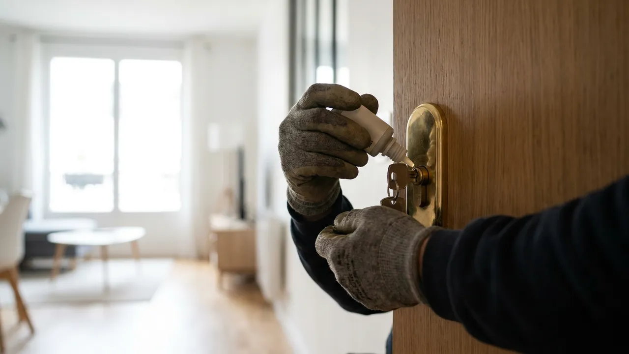 Application de lubrifiant sec sur la serrure d'un portail de jardin dans une rue pavillonnaire de Sceaux