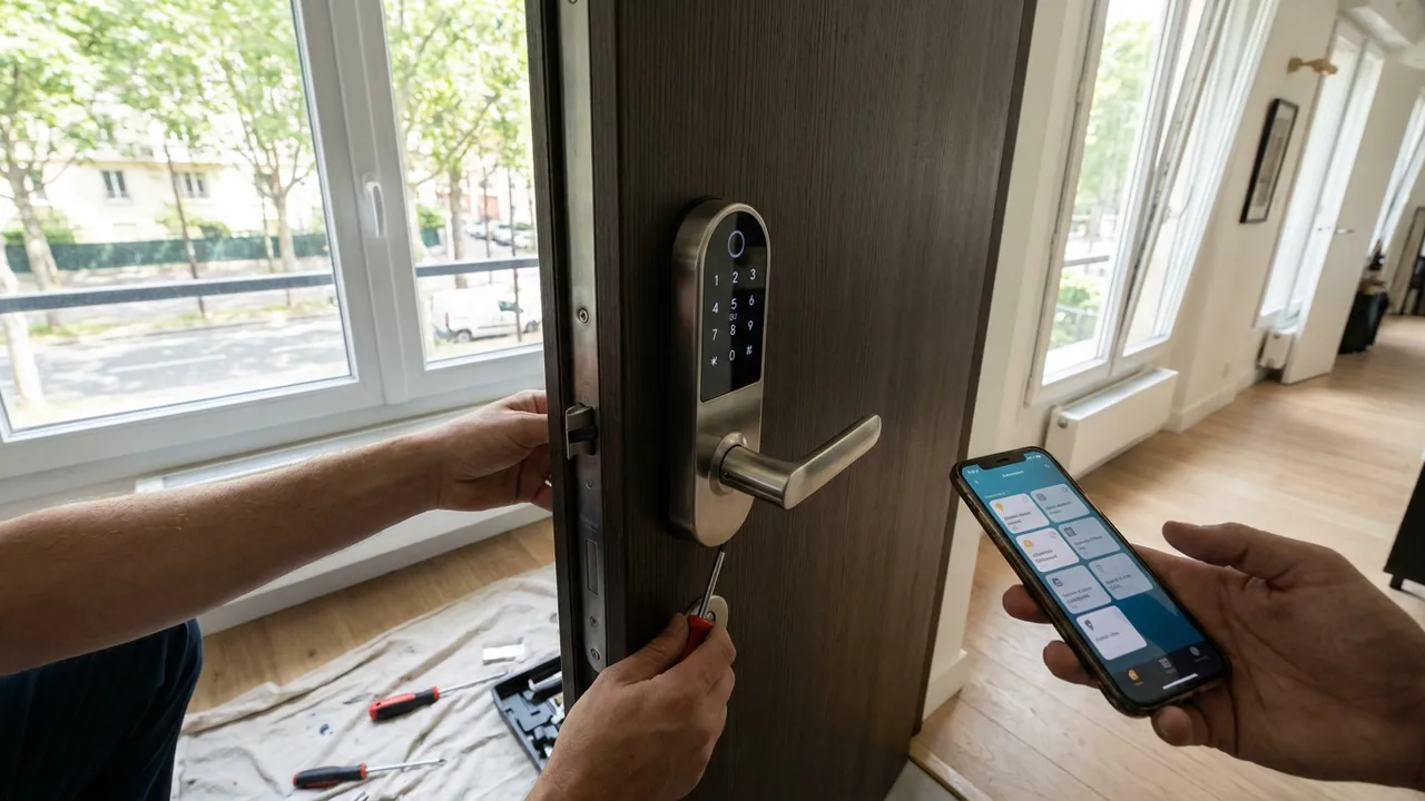 Serrure connectée avec clavier à code installée sur une porte d'entrée contemporaine à Sceaux
