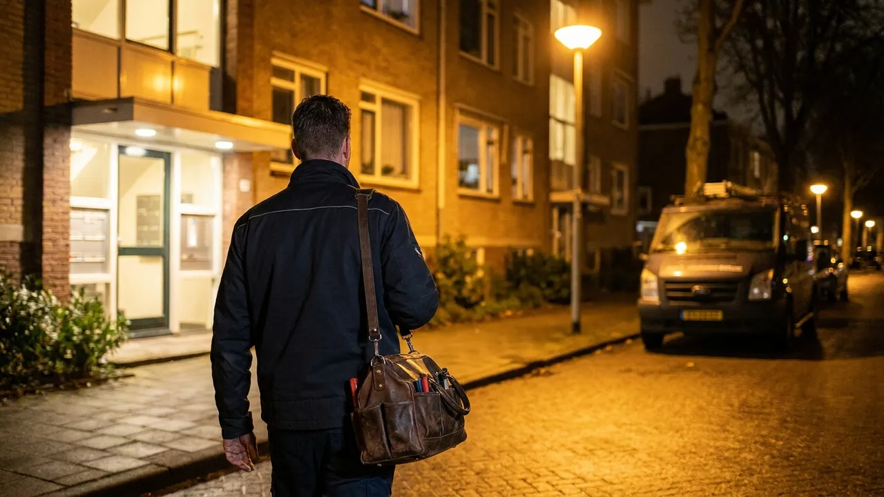 Serrurier intervenant de nuit sur la porte d'entrée d'une maison ancienne à Sceaux, lampe frontale allumée